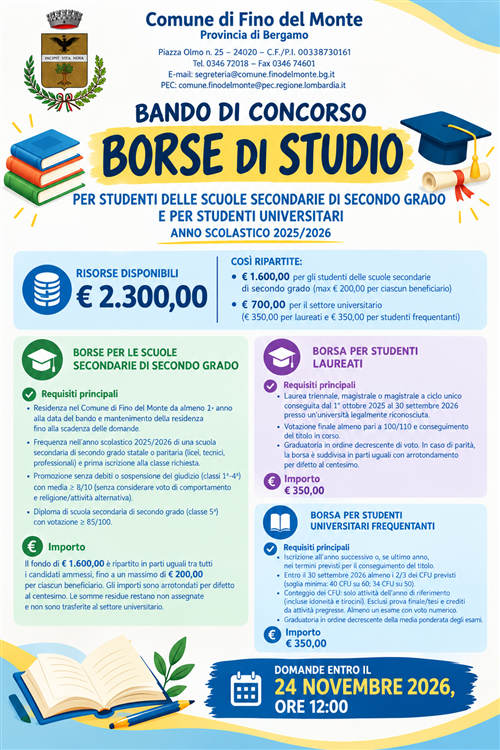 Bando di concorso per assegnazione borse di studio comunali.